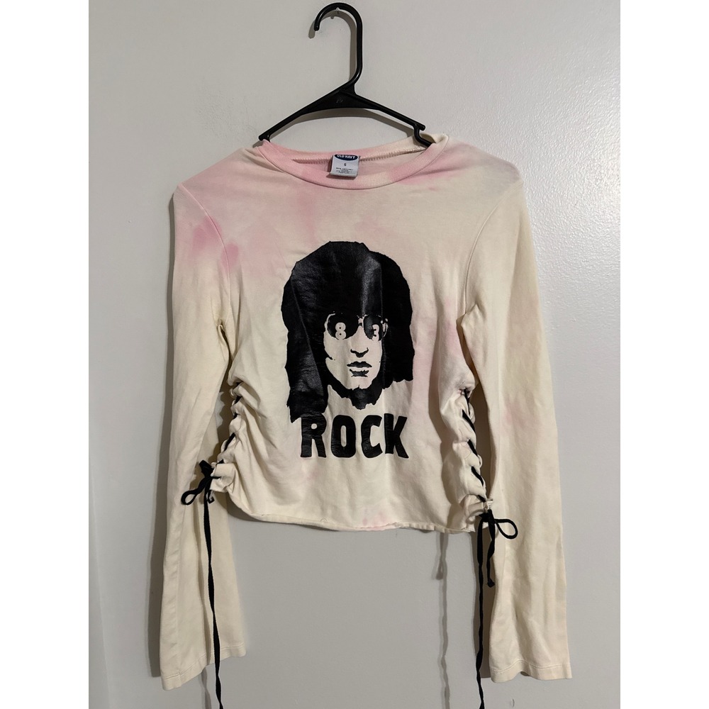 Pink Tie Dye Rock Graphic Lace Up Side Long Sleeve Cropped Tee Small Vintage